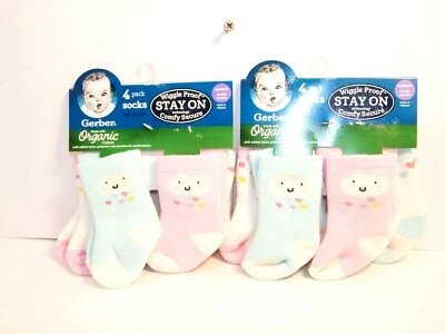 2X total 8 Gerber Baby Girl 4-Pack Wiggle Proof Organic Clouds Socks Size NB - Image 1 of 2