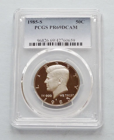 PROOF! 1985-S U.S CLAD KENNEDY HALF DOLLAR ~ PCGS CERTIFIED + GRADED PR 69 DCAM Cover