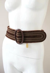 YVES SAINT LAURENT vtg brown suede woven wide waist belt tag 70s Russian 85/34 - Picture 1 of 8