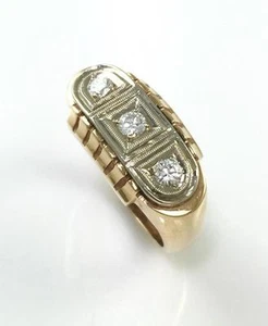Anello uomo oro giallo 14 kt largo 0,25 carati tre pietre vintage diamanti - Foto 1 di 5