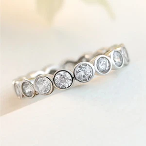 Conjunto de bisel de diamantes redondos de 1,20 quilates anillo de compromiso alianza de boda de oro blanco sólido de 14 quilates - Imagen 1 de 9