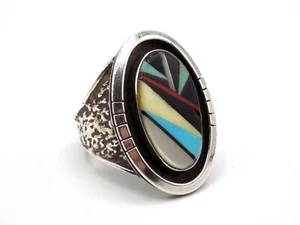 Herrenring blau Türkis stachelige Auster & Onyx Sterlingsilber Zuni Intarsien Größe 11 - Bild 1 von 16