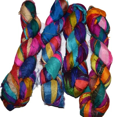 100 g Recycled Sari Silk Ribbon Yarn Multicolored - Image 1 of 2