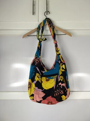 Cartera Floral Multicolor Bolsillos con Cremallera Correa de Corbata 100% Algodón Negro Rosa Púrpura Foto 1 de 4