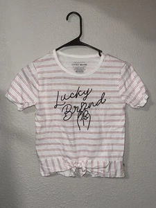 Lucky Brand Girls Tie Front T-Shirt Striped Embroidered Top Size Large 12/14 - Picture 1 of 3