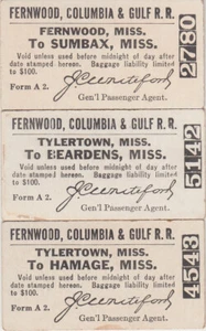 RAILWAY TICKETS - USA - FERNWOOD, COLUMBIA & GULF SINGLES X 3 - Picture 1 of 1