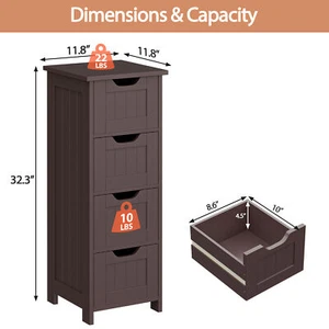 Slim Wood Bathroom Sideboard 4 Drawers Brown Narrow Storage Cabinet Toilet Paper - Picture 1 of 24