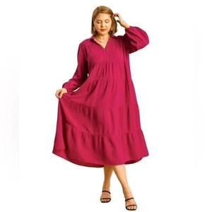 Umgee Dress Tiered Midi Long Sleeve Cotton V-Neck Comfy Casual 1XL Raspberry - Picture 1 of 11