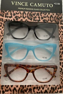 VINCE CAMUTO PREMIUM 3 PK READING GLASSES BLACK,BLUE,TORTOISE READERS +2.50 NEW - Picture 1 of 5