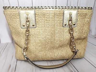 Michael Kors Straw Rosalie Tote Handbag Leather Gold Handles/Trim - No Charm EUC - Image 1 of 4