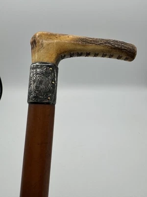 Antique Horse Riding Crop Whip Carved Horn Leather Hunting 1800’s Silver - Image 1 of 4