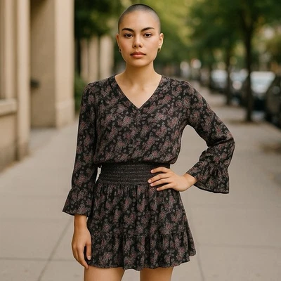 Derek Lam 10 Crosby Floral Print VNeck Silk Smock Waist Bohemian Mini Dress Sz 0 - Image 1 of 4