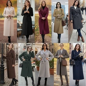 Abrigo de invierno de doble botonadura con cinturón de manga larga con botones para mujer - Imagen 1 de 61