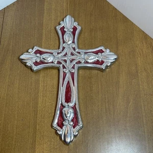 Cruz Colgante Metal Plata Y Rojo Diseño 3D Decoración Religiosa - Imagen 1 de 8