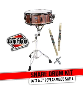 Snare Drum Package Set by GRIFFIN - Snare Stand, Maple Wood Drum Sticks Drum Key - Picture 1 of 14