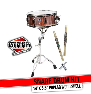 Snare Drum Package Set by GRIFFIN - Snare Stand, Maple Wood Drum Sticks Drum Key - Image 1 of 4