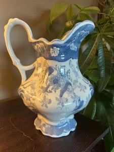 chinoiserie blue and white heavy ceramic pitcher cottagecore farmhouse french - Picture 1 of 14
