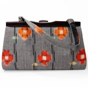 Vintage japanische Handtasche Mingie grau gewebter Kasuri-Stoff kann in Clutch umgewandelt werden  - Bild 1 von 6