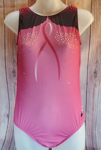 GK Elite Breast Cancer Awareness Pink & Black Gymnastics Sequins Leotard AL - Picture 1 of 3