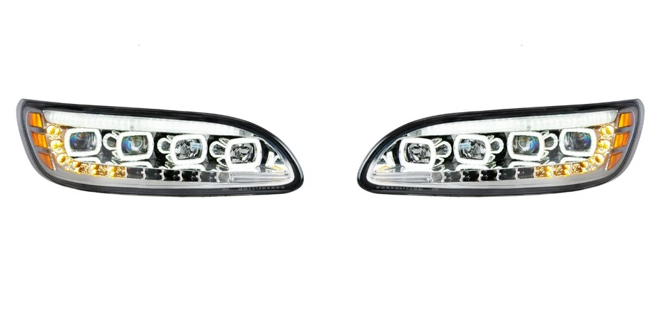 一对镀铬四 LED 车头灯带 LED DRL 和顺序信号适用于 Peterbilt — 第 1/4 张图片