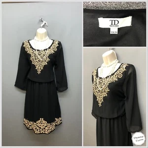 TRUE DECADENCE Black & Gold Mix Embroidered Dress UK 14 EUR 42 US 10 - Picture 1 of 11
