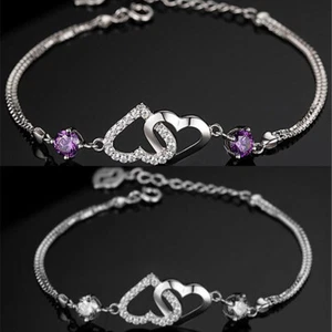925 Sterling Silver Girls Womens Charm Bracelet Love Double Heart Jewellery Gift - Picture 1 of 13