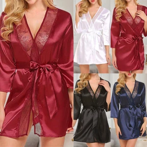 Women Sexy Lace Satin V-Neck Lingerie Dress Kimono Robe Nightgown Sleepwear US - Picture 1 of 21