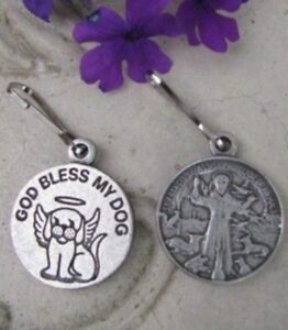 Pet Medal Tag Charm St. Francis God Bless My Dog with Halo 7/8 inch Pot Metal