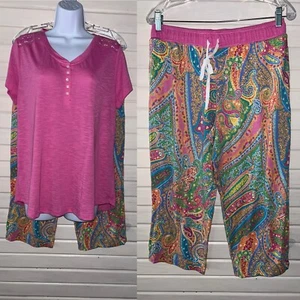 CHAPS Ralph Lauren Sz MEDIUM Pajamas Pink Pullover Top Paisley Cropped Pants EUC - Picture 1 of 15