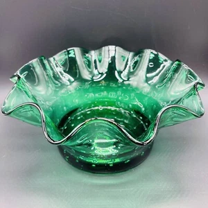 VINTAGE MITTE DES JAHRHUNDERTS BULLICANTE BUBBLED BLENKO SMARAGDGRÜN GERÜSCHTER RAND GLASSCHALE - Bild 1 von 9