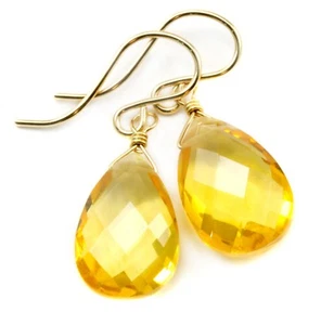 Simulated Citrine Earrings Yellow Facet Teardrop 14k Solid Gold Sterling Silver - Picture 1 of 10