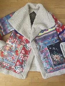 Johnny Was Biya Anna Sherpa Jacket Coat Open Front Multicolor Patchwork Floral - Picture 1 of 6