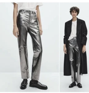 Massimo Dutti Silver Metallic Leather Pants XS - Picture 1 of 11