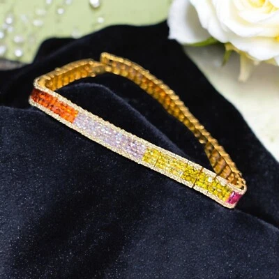 19,10 Cts Runde Brillant Diamanten Saphir Unisex Regenbogen Armband 14K Gelbgold - Bild 1 von 4