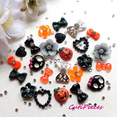 24pcs 3D Nail Art "Halloween Black Alloy Bow" Flower Ghost Orange Pumpkin Craft  - Image 1 of 2
