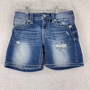 Miss Me Blue Denim Mid-Rise Mid Shorts Womens Studded Embroidered Size 26 - Picture 1 of 16