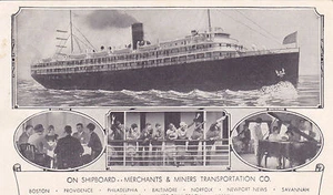Postal MERCHANTS & MINERS TRANSPORT CO a bordo barco línea de crucero piano comedor - Imagen 1 de 2