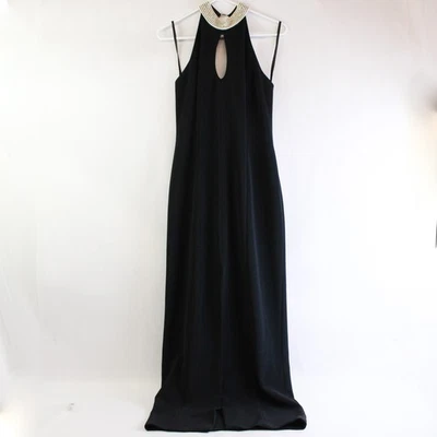 VTG Alex Evenings Black Backless Full-Length Dress Gown Pearls Sz 6 Slit - Image 1 of 4