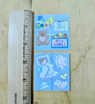 Dos pegatinas traseras azules vintage Sandylion bebé niña bautizo infantil mod Foto 1 de 2