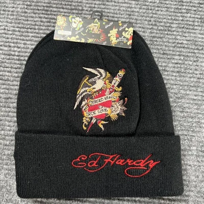 Ed Hardy 2-Pack Beanie Hats Skull Rose Eagle Graphic Logo Black Knit. Pierced ❤️ - Image 1 of 4