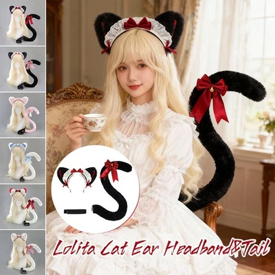 Lolita Cat Ear Headband Comic Cat  Tail Cosplay Props Girl Headpiece Tail Set. - Image 1 of 4