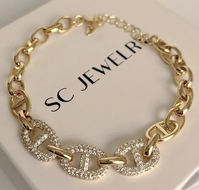 Brazalete Mariner Chapado en Oro 14k Cadena Gruesa Tres Circones en el Medio Brazalete Foto 1 de 4