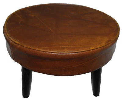 VINTAGE SMALL ROUND FAUX LEATHER BROWN FOOTSTOOL 9.5" H 14.5" RIM MCM RETRO - Image 1 of 4