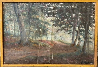 Ölbild Impressionniste Paysage de Forêt Signé 28 X 40,3 CM Endommagé Antique - Photo 1/4