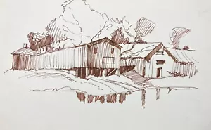 50er Jahre Norman Kent New England Scheune Landschaftszeichnung - Bild 1 von 2