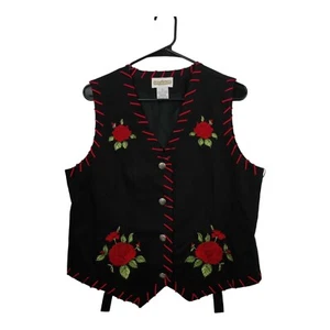 Vintage Cambridge Dry Goods Co Women Black Vest Embroidered Rec Roses Sz L - Picture 1 of 12