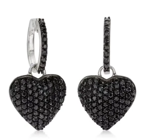 Lab-Created 2.17CT Pave Set Black Spinel Removable Heart Drop Earrings - Picture 1 of 6