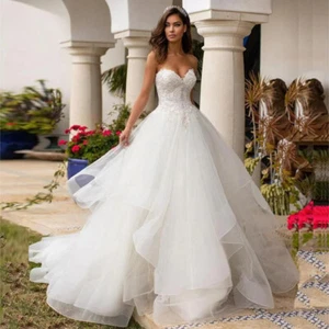 Strapless Tulle Wedding Dresses Applique Backless Buttons Ruffles Bridal Gowns - Picture 1 of 7