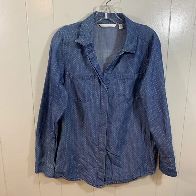 LC Lauren Conrad Blue Chambray Polka Dot Button Down Long Sleeve Casual Top M - Image 1 of 4