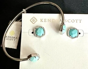 Kendra Scott Turquoise/Rhodium Set Davie Small Stud Earrings Davie Cuff Bracelet - Picture 1 of 5